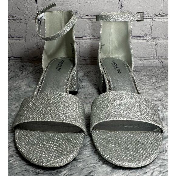 London Fog Nikki Silver Glitter Ankle Strap Block Heels 6.5M Bling Pumps Wedding - Picture 5 of 9